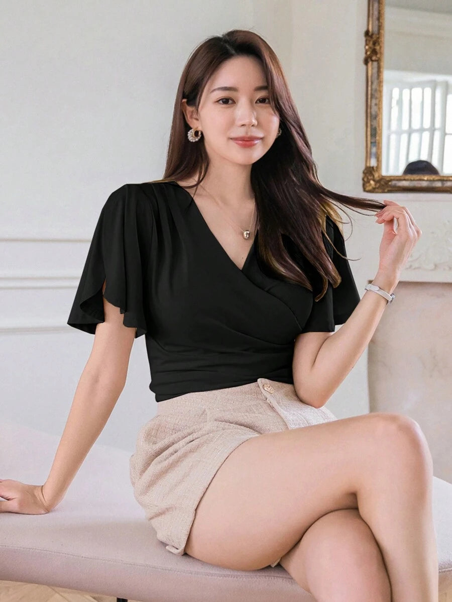  | SHEIN Wynsel Women's Summer Solid Color Wrap V-Neck Ruffle Short Sleeve T-Shirt | Shirt | Shein | OneHub