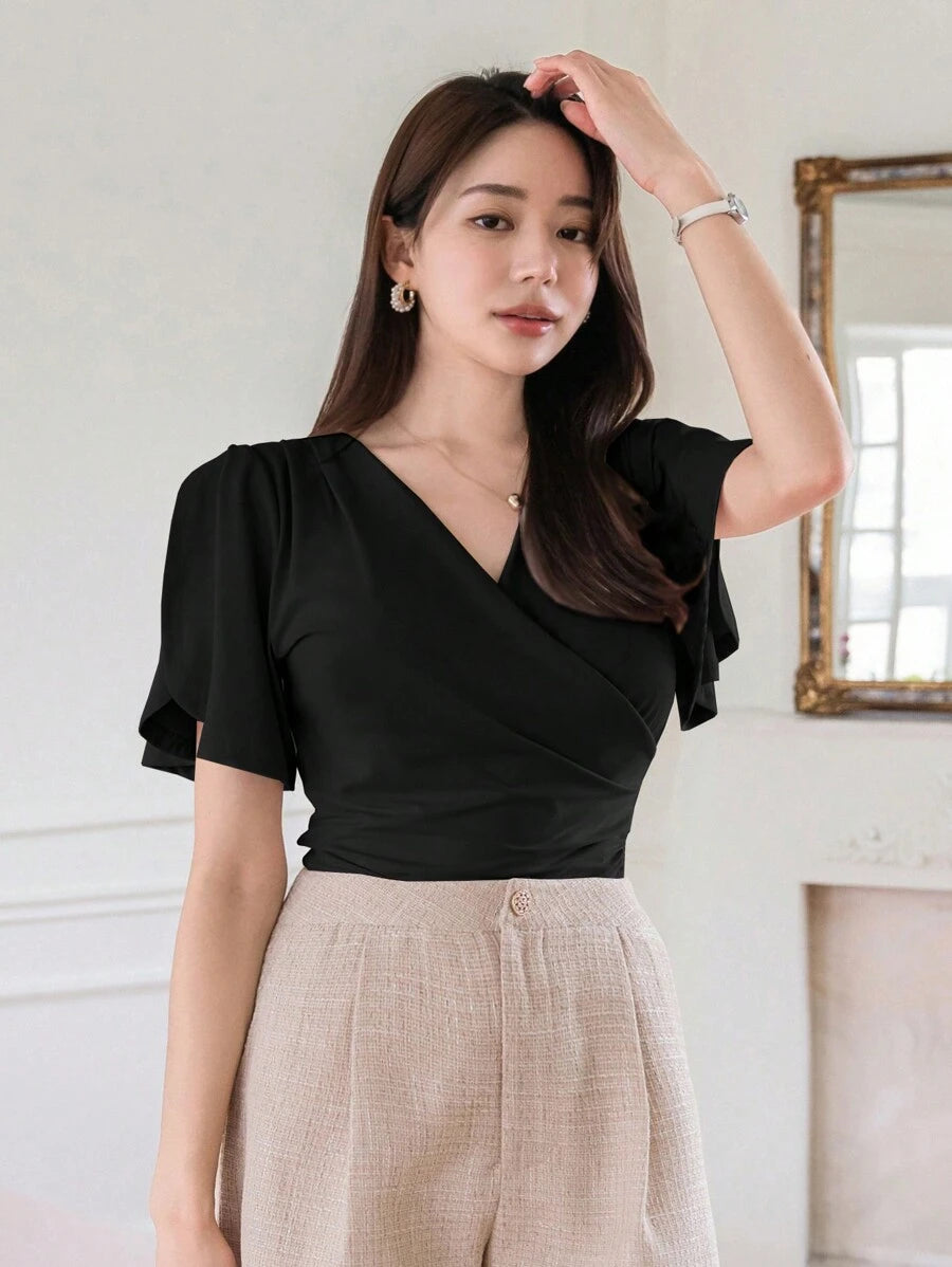  | SHEIN Wynsel Women's Summer Solid Color Wrap V-Neck Ruffle Short Sleeve T-Shirt | Shirt | Shein | OneHub