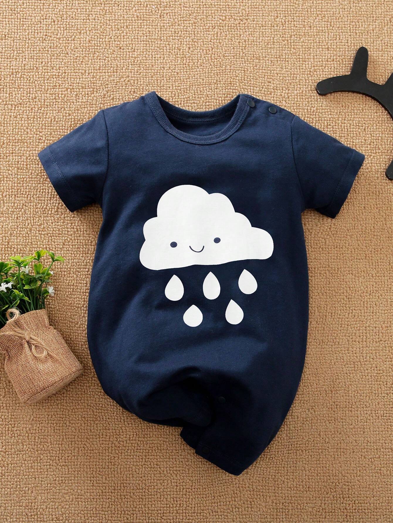  | SHEIN Yierying Boys" Infant Spring And Summer Season Dark Blue Cute Cartoon Pattern Warm, Breathable, And Moisture-Absorbing Romper | Dress | Shein | OneHub