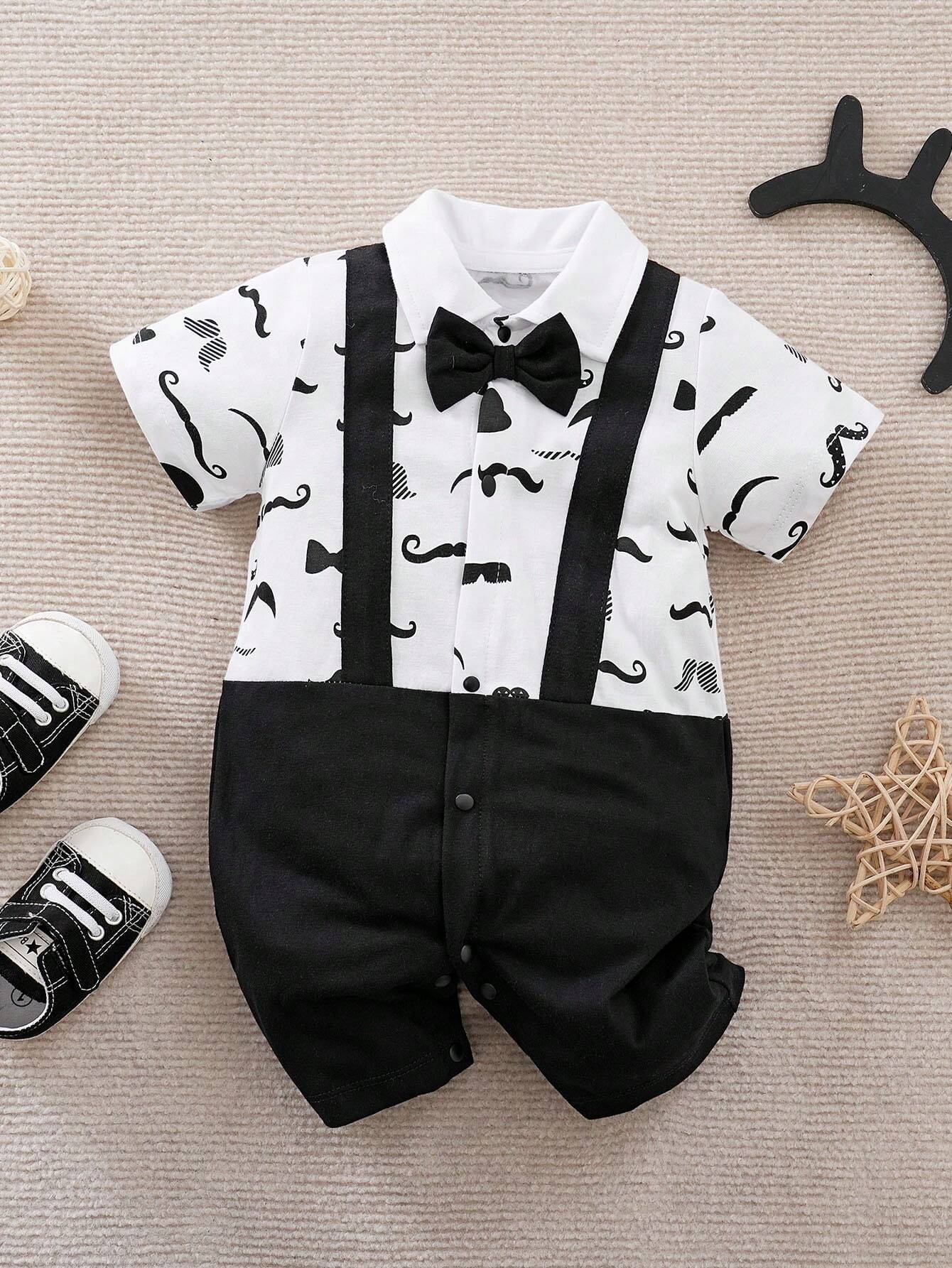  | SHEIN Yierying Infant Boys' Short-Sleeved Two-In-One Romper With Black Mustache Print And Bow Tie Design, Suitable For Spring/Summer Seasons | Dress | Shein | OneHub