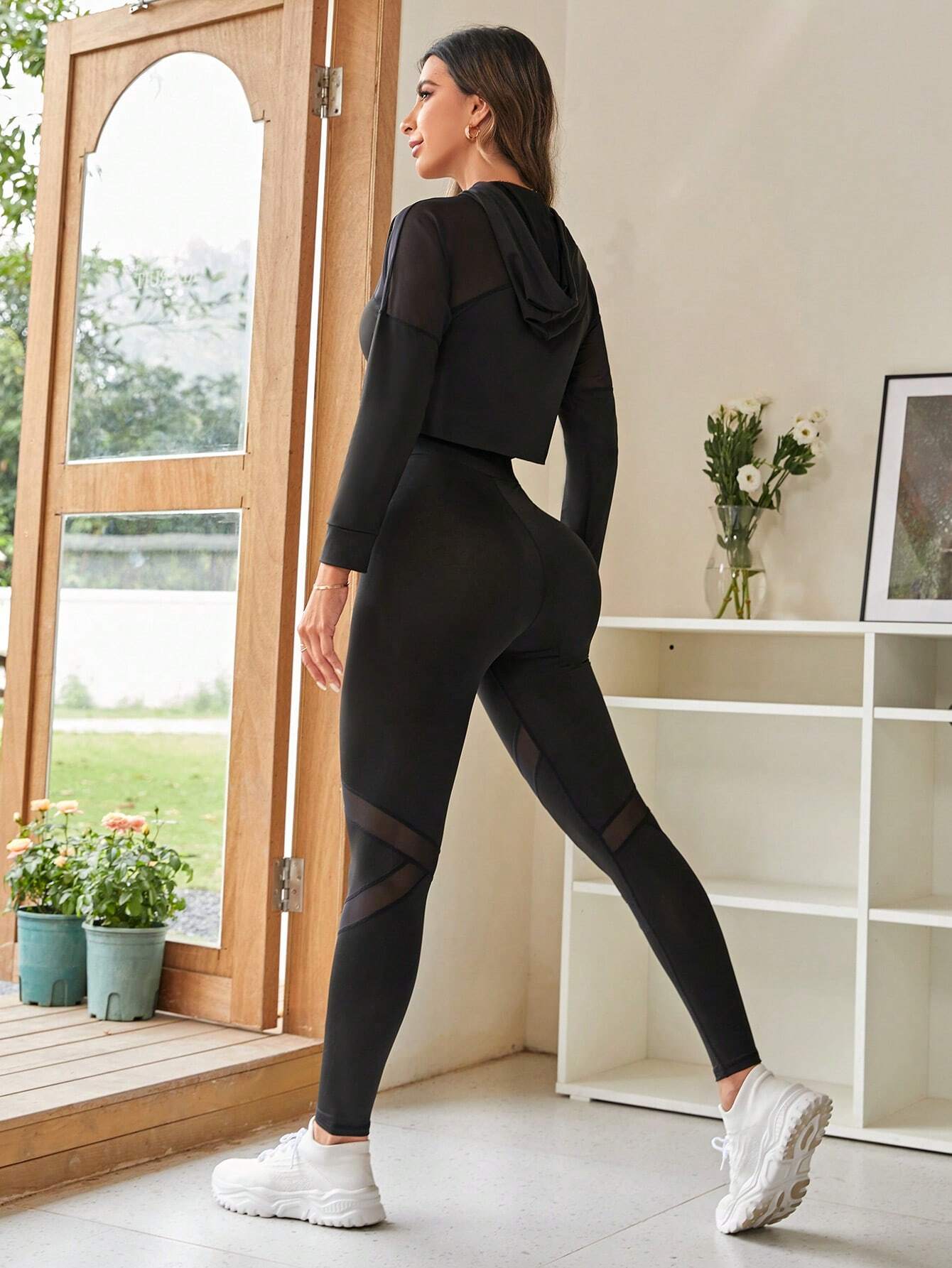  | SHEIN Yoga Trendy Contrast Mesh Drawstring Hooded Crop Sports Set | Leggings | Shein | OneHub