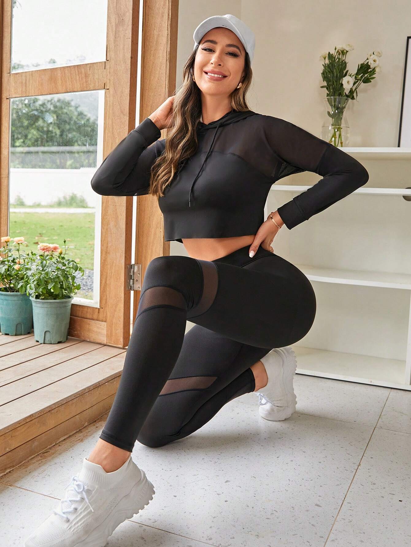  | SHEIN Yoga Trendy Contrast Mesh Drawstring Hooded Crop Sports Set | Leggings | Shein | OneHub