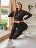  | SHEIN Yoga Trendy Contrast Mesh Drawstring Hooded Crop Sports Set | Leggings | Shein | OneHub