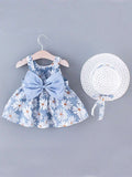 SHEIN Young Girl Summer Sleeveless Sunflower Print Dress With Cute Bowknot Back And Hat 2pcs/Set