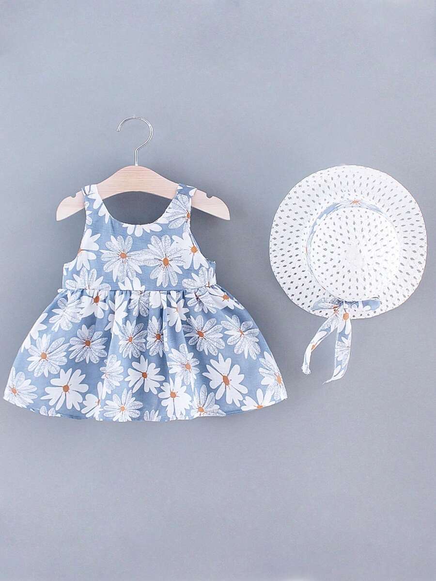  | SHEIN Young Girl Summer Sleeveless Sunflower Print Dress With Cute Bowknot Back And Hat 2pcs/Set | Dress | Shein | OneHub