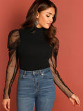 SHEIN Mesh Puff Sleeve Mock Neck Top