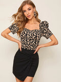 SHEIN Puff Sleeve Leopard Print Tee