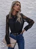 SHEIN Contrast Lace Tie Neck Frill Trim Blouse