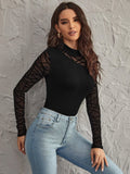 Shein Geo Mesh Yoke and Sleeve Rib-knit Bodysuit