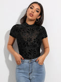 SHEIN Flocked Floral Sheer Mesh Top Without Bra