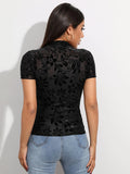 SHEIN Flocked Floral Sheer Mesh Top Without Bra