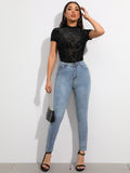 SHEIN Flocked Floral Sheer Mesh Top Without Bra