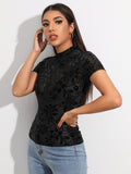 SHEIN Flocked Floral Sheer Mesh Top Without Bra