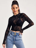  | SHEIN Mock-Neck Flocked Mesh Top Without Bra | Blouse | Shein | OneHub