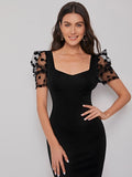 SHEIN Sweetheart Neck Mesh Puff Sleeve Dress