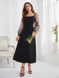 Shein Embroidery Mesh Flounce Sleeve A-line Dress