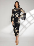 SHEIN Floral Print Bell Sleeve Split Back Dress