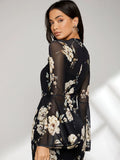 SHEIN Floral Print Bell Sleeve Split Back Dress