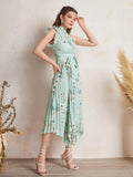 SHEIN Ruffle Trim One Shoulder Pleated Hanky Hem Belted Floral Dress