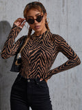 SHEIN Zebra Striped Print Stand Neck T-Shirt