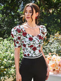 SHEIN Floral Print Puff Sleeve Sweetheart Neck Tee