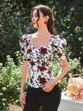  | SHEIN Floral Print Puff Sleeve Sweetheart Neck Tee | Top | Shein | OneHub