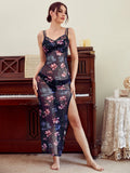 SHEIN Sheer Floral Print Split Thigh Mesh Cami Night Dress