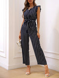 SHEIN Striped Print Ruffle Trim Belted Jumpsuit