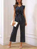  | SHEIN Striped Print Ruffle Trim Belted Jumpsuit | Jumpsuit | Shein | OneHub