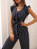  | SHEIN Striped Print Ruffle Trim Belted Jumpsuit | Jumpsuit | Shein | OneHub