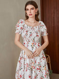 Shein Floral Square Neck Shirred A-line Dress