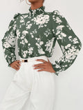 SHEIN Floral Print Stand Collar Bishop Sleeve Blouse