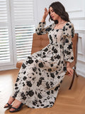 SHEIN Modely Floral Print Lantern Sleeve Square Neck Dress