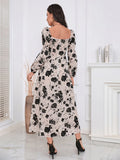 SHEIN Modely Floral Print Lantern Sleeve Square Neck Dress