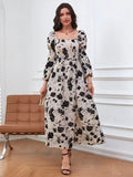 SHEIN Modely Floral Print Lantern Sleeve Square Neck Dress