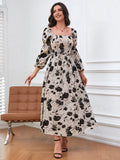 SHEIN Modely Floral Print Lantern Sleeve Square Neck Dress