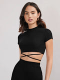  | evoluSHEIN Recycled Polyester Mock Neck Crisscross Tie Back Crop Tee | Top | Shein | OneHub