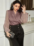 Shein Fold Pleated Lantern Sleeve Satin Blouse