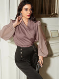 Shein Fold Pleated Lantern Sleeve Satin Blouse