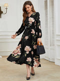 SHEIN Floral Print Lantern Sleeve Belted Dress