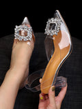 SHEIN Rhinestone Decor Peep Toe Clear Band Chunky Heeled Slingback Pumps