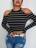  | SHEIN EZwear Striped Cold Shoulder Crop Tee | Top | Shein | OneHub