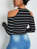  | SHEIN EZwear Striped Cold Shoulder Crop Tee | Top | Shein | OneHub