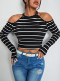  | SHEIN EZwear Striped Cold Shoulder Crop Tee | Top | Shein | OneHub