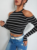  | SHEIN EZwear Striped Cold Shoulder Crop Tee | Top | Shein | OneHub