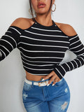 SHEIN EZwear Striped Cold Shoulder Crop Tee