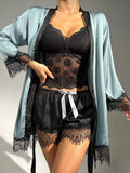 SHEIN Sheer Lace Cami With Belted Robe & Shorts Night Set