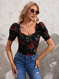  | SHEIN Floral Print Puff Sleeve Sweetheart Neck Tee | Top | Shein | OneHub