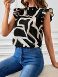 SHEIN Allover Print Ruffle Trim Mock Neck Blouse