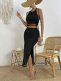  | SHEIN VCAY Tassel Trim Crop Halter Top & Split Thigh Skirt | Top and Pant Set | Shein | OneHub